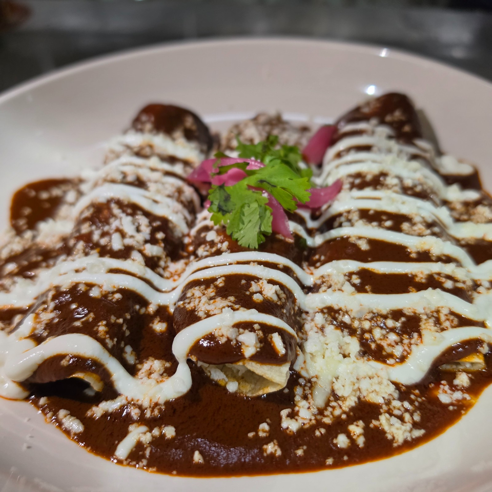 Enchiladas covered in dark mole sauce, white crema, crumbled cheese, cilantro, and pickled onions on a white plate.